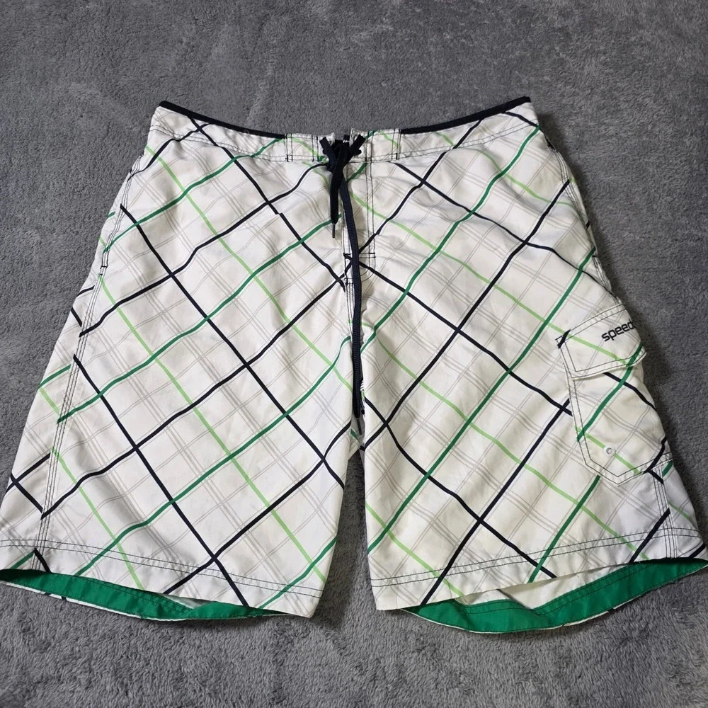 Speedo Mens XL Board Shorts White Green‎ Navy Plaid Cargo Pocket Mesh Lined Swim